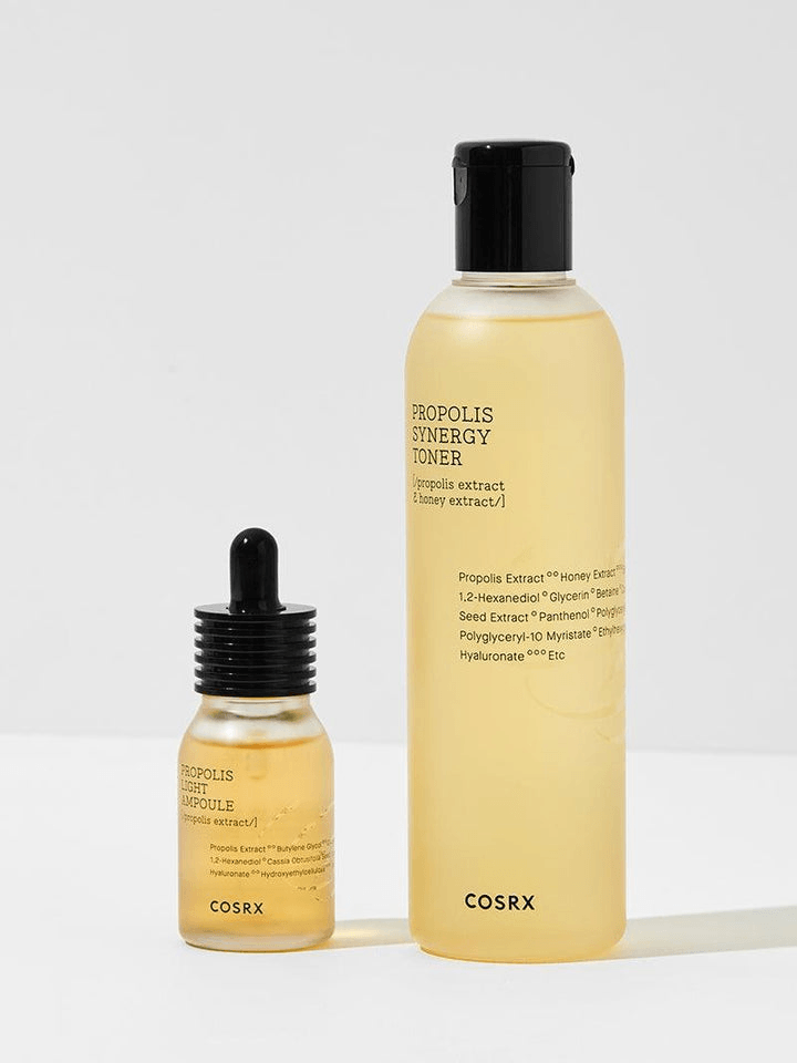 COSRX Full Fit Propolis Light Ampoule and Propolis Synergy Toner in elegant packaging for Korean skincare enthusiasts.