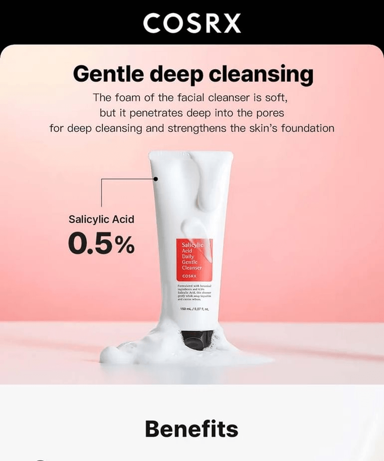 COSRX Salicylic Acid Daily Gentle Cleanser tube with foamy cleanser for deep cleansing and skincare.