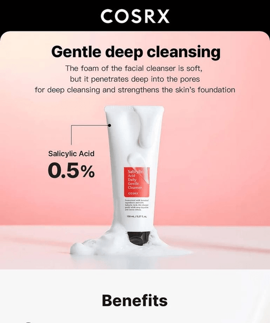COSRX Salicylic Acid Daily Gentle Cleanser tube with foamy cleanser for deep cleansing and skincare.