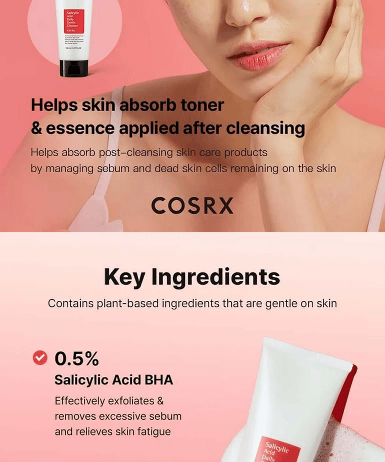 COSRX Salicylic Acid Daily Gentle Cleanser with benefits for skin absorption and key ingredients on display.