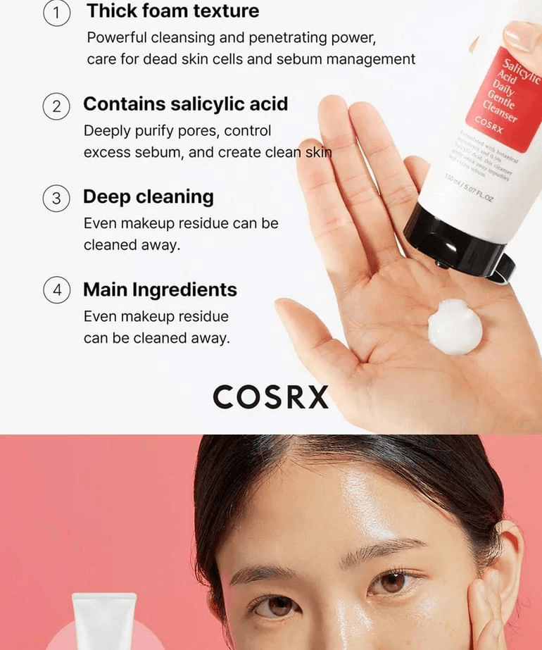 COSRX Salicylic Acid Daily Gentle Cleanser benefits, thick foam texture, deep cleaning, main ingredients highlighted.