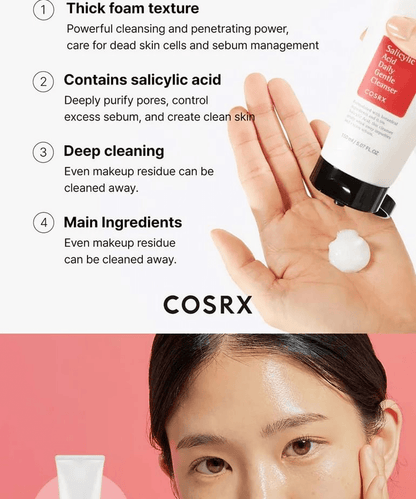 COSRX Salicylic Acid Daily Gentle Cleanser benefits, thick foam texture, deep cleaning, main ingredients highlighted.