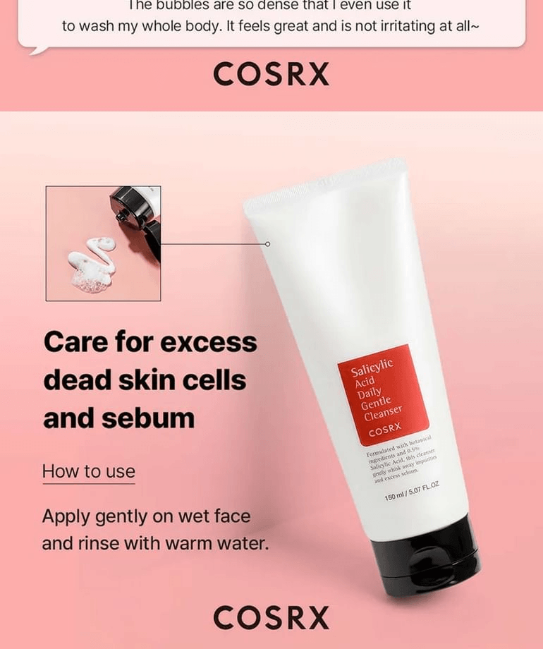 COSRX Salicylic Acid Daily Gentle Cleanser tube with instructions for use and benefits for skin care.