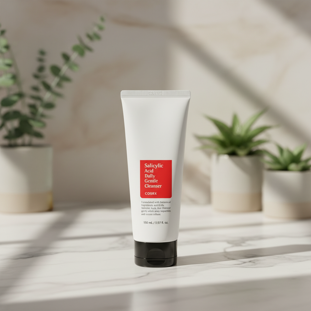 COSRX Salicylic Acid Daily Gentle Cleanser tube with product details and size.