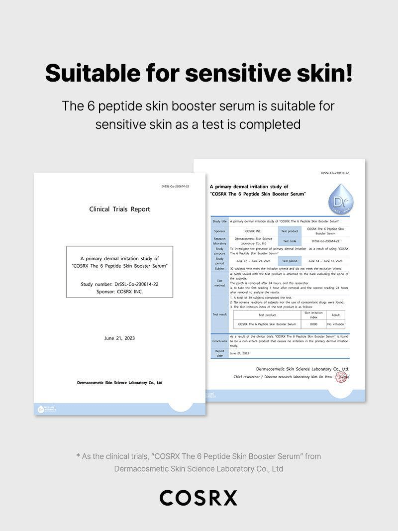 Clinical trials report showing COSRX The 6 Peptide Skin Booster Serum suitability for sensitive skin.