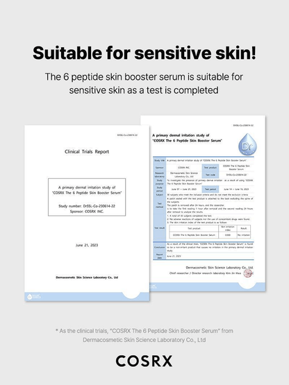 Clinical trials report showing COSRX The 6 Peptide Skin Booster Serum suitability for sensitive skin.