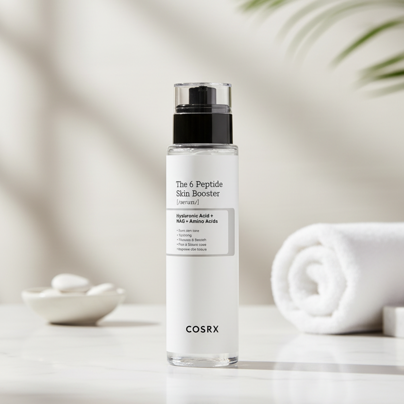 COSRX The 6 Peptide Skin Booster Serum bottle on a marble surface with a towel and stones in the background.