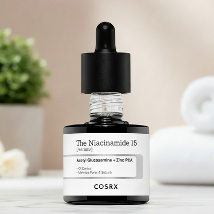 COSRX The Niacinamide 15 Serum with dropper and molecular structure backdrop