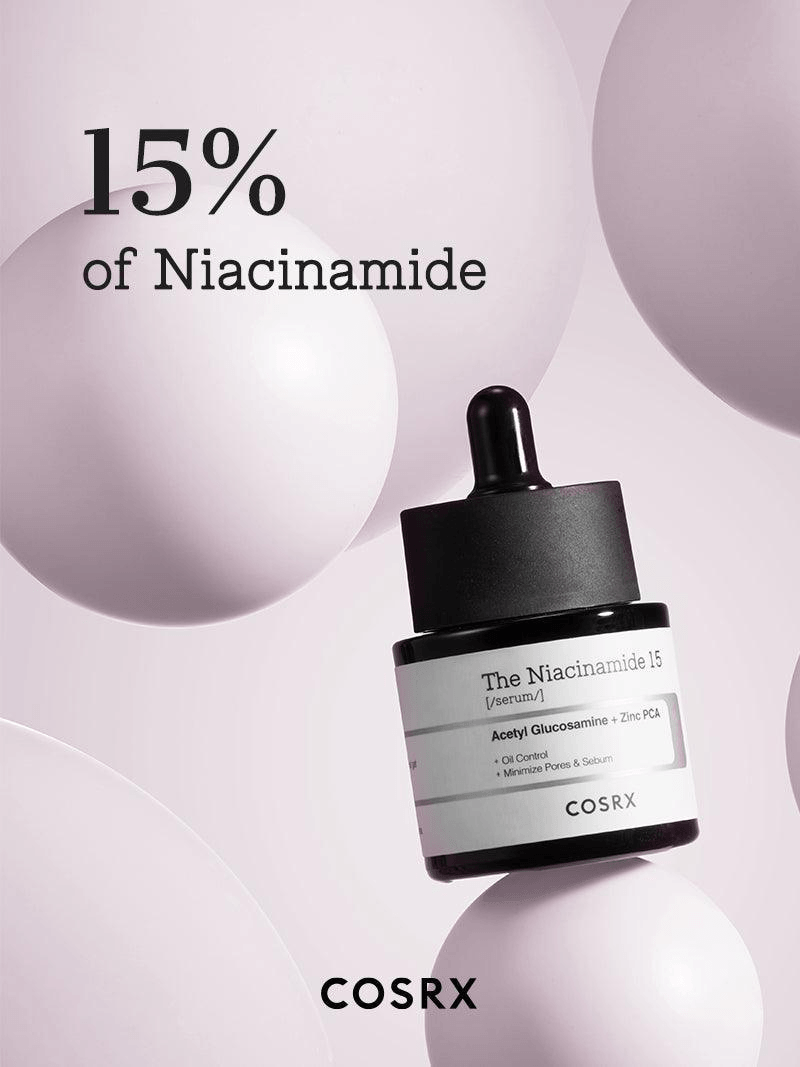 COSRX The Niacinamide 15 Serum displayed with 15% of Niacinamide on a minimalist background.