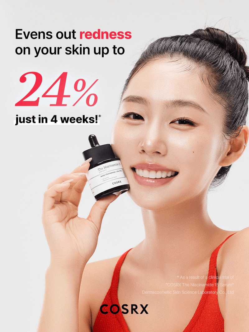 COSRX The Niacinamide 15 Serum promoting skin redness reduction by 24% in 4 weeks with a smiling model holding the serum.