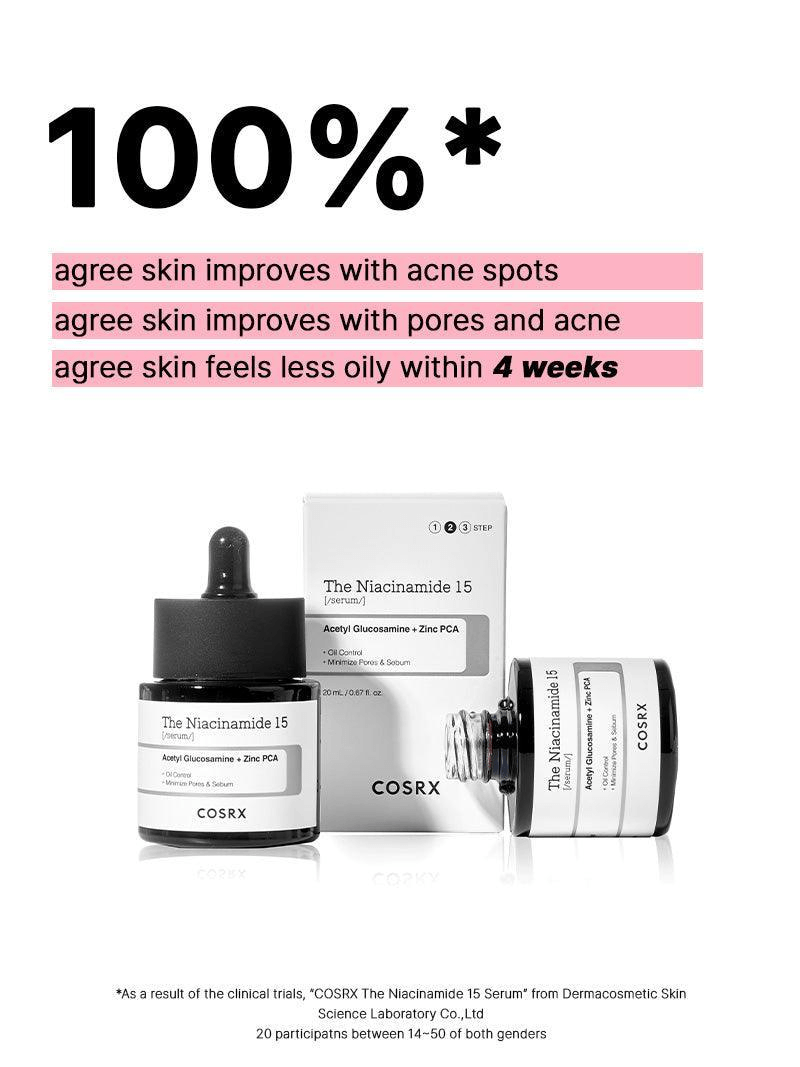 COSRX The Niacinamide 15 Serum packaging with claims about improving skin condition in 4 weeks.