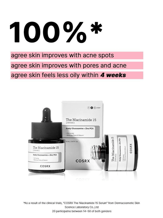 COSRX The Niacinamide 15 Serum packaging with claims about improving skin condition in 4 weeks.