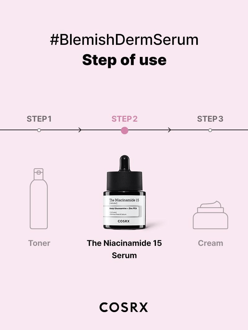 Step-by-step usage guide for COSRX The Niacinamide 15 Serum, highlighting application after toner and before cream.