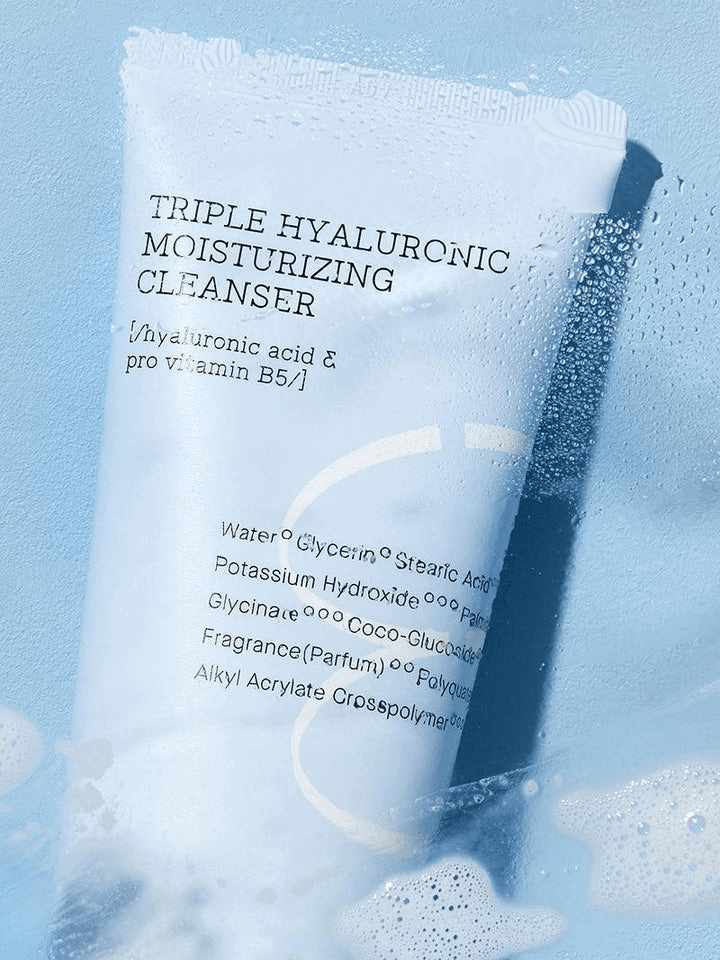 COSRX Triple Hyaluronic Moisturizing Cleanser packaging with ingredients listed for hydration and cleansing benefits.