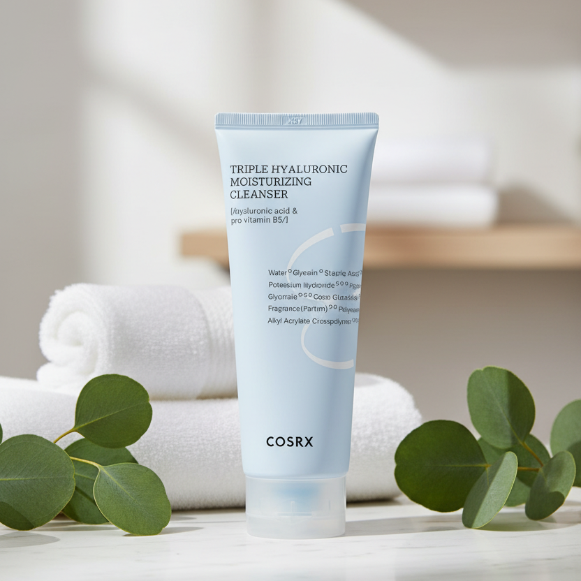 COSRX Triple Hyaluronic Moisturizing Cleanser in a light blue tube on a neutral background.
