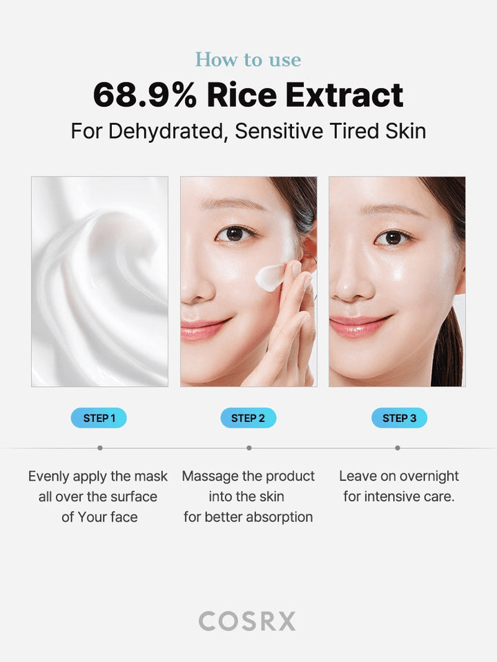 How to use COSRX Ultimate Nourishing Rice Overnight Spa Mask for hydrated, glowing skin with 68.9% Rice Extract.