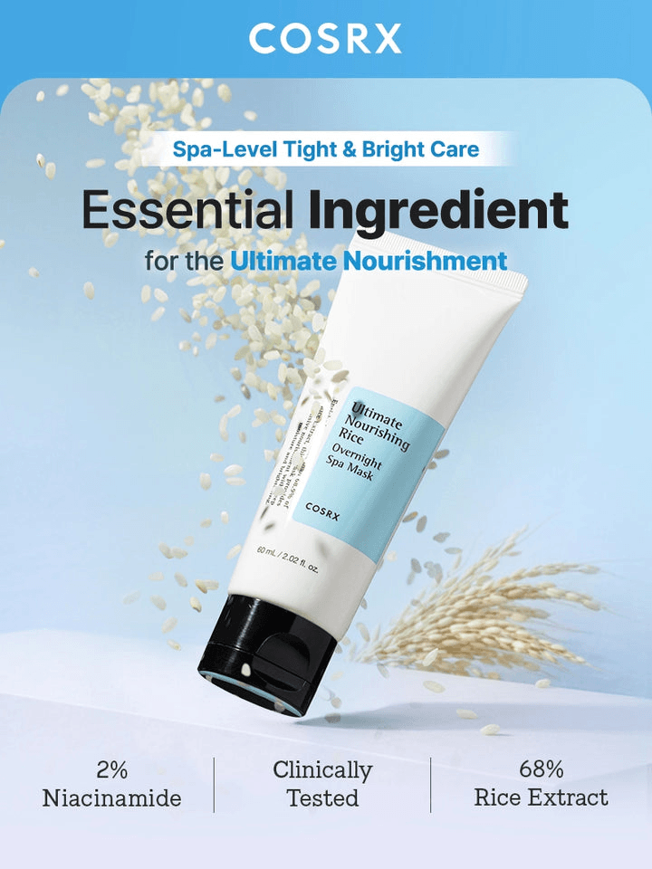 COSRX Ultimate Nourishing Rice Overnight Spa Mask with rice extract and niacinamide for nourishing Korean skincare.