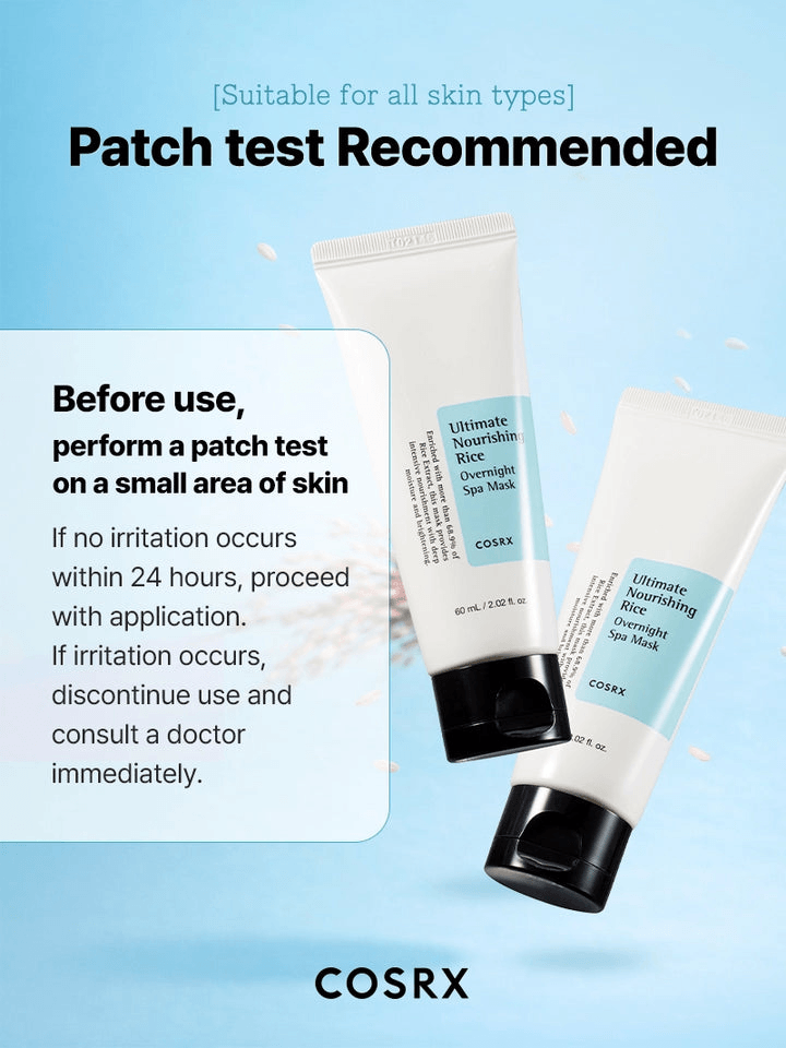 COSRX Ultimate Nourishing Rice Overnight Spa Mask patch test recommendation for all skin types.