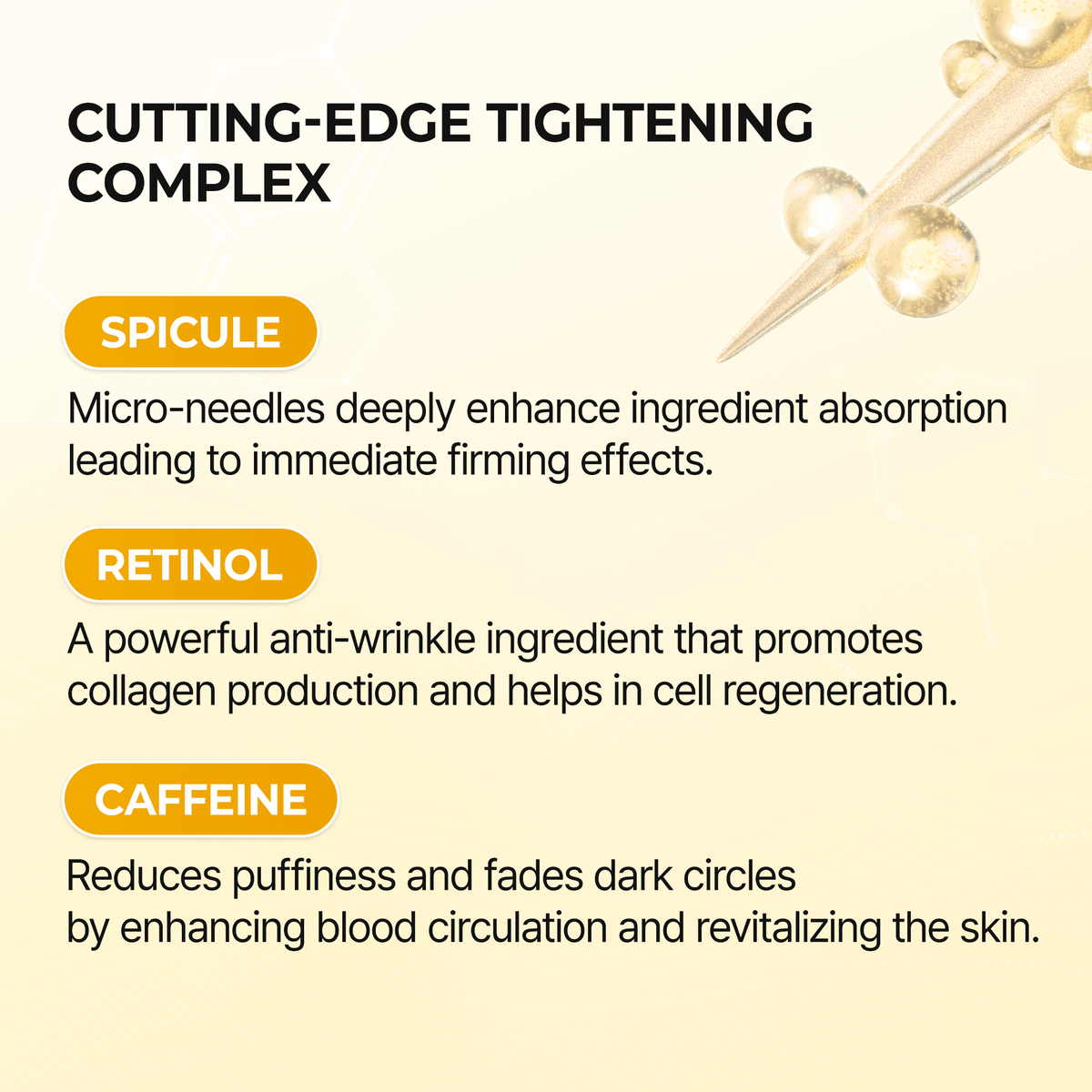 Cutting-edge tightening complex ingredients like Spicule, Retinol, and Caffeine for effective skincare.