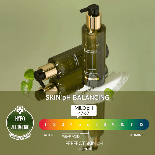 d'Alba Mild Skin Balancing Vegan Cleanser displayed with skin pH balancing information and hypoallergenic endorsement.