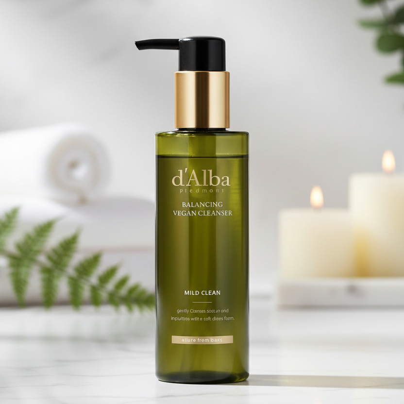 d'Alba Mild Skin Balancing Vegan Cleanser in a sleek bottle with a pump for easy dispensing, ideal for gentle skin cleansing.