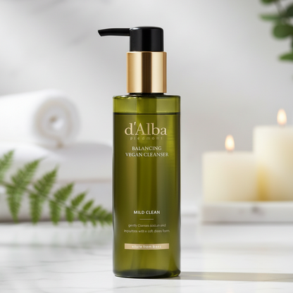 d'Alba Mild Skin Balancing Vegan Cleanser in a sleek bottle with a pump for easy dispensing, ideal for gentle skin cleansing.