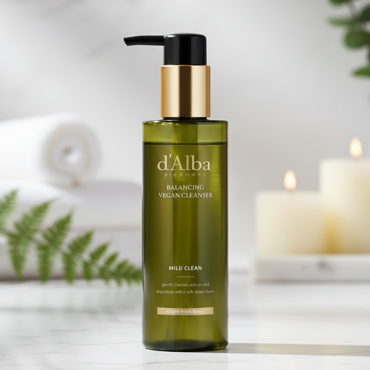 d'Alba Mild Skin Balancing Vegan Cleanser in a sleek bottle with a pump for easy dispensing, ideal for gentle skin cleansing.