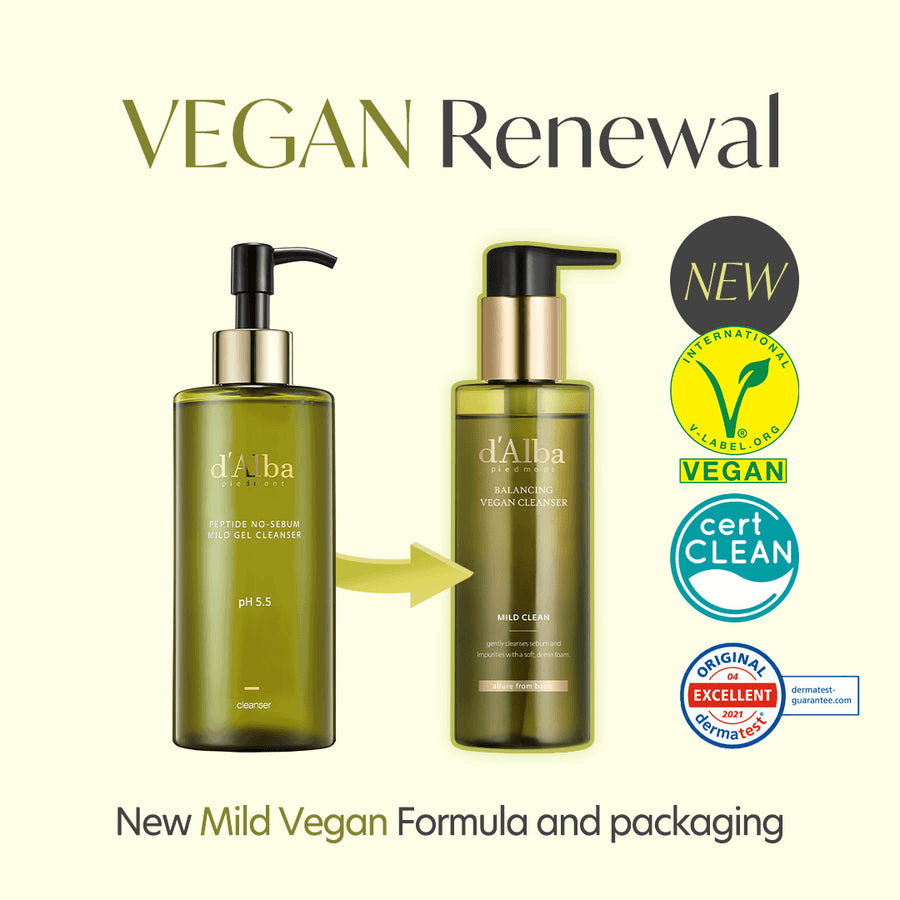 d'Alba Mild Skin Balancing Vegan Cleanser and packaging highlighting the vegan renewal formula