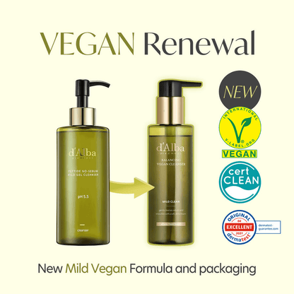d'Alba Mild Skin Balancing Vegan Cleanser and packaging highlighting the vegan renewal formula