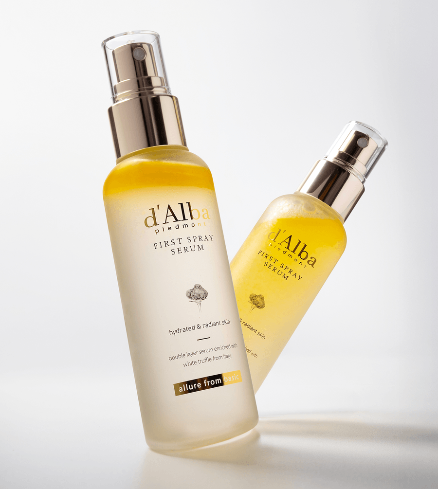 d'Alba White Truffle First Spray Serum bottles showcasing hydration and radiance for revitalized skin.