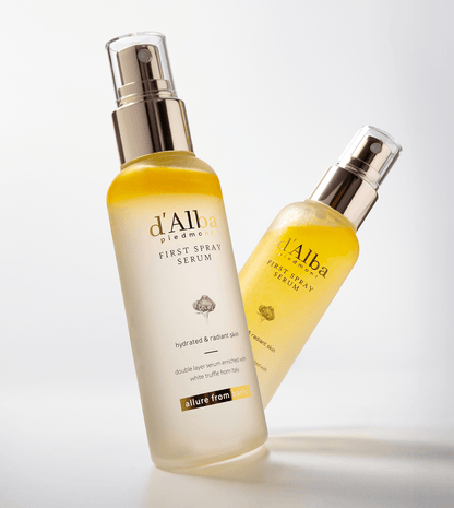 d'Alba White Truffle First Spray Serum bottles showcasing hydration and radiance for revitalized skin.