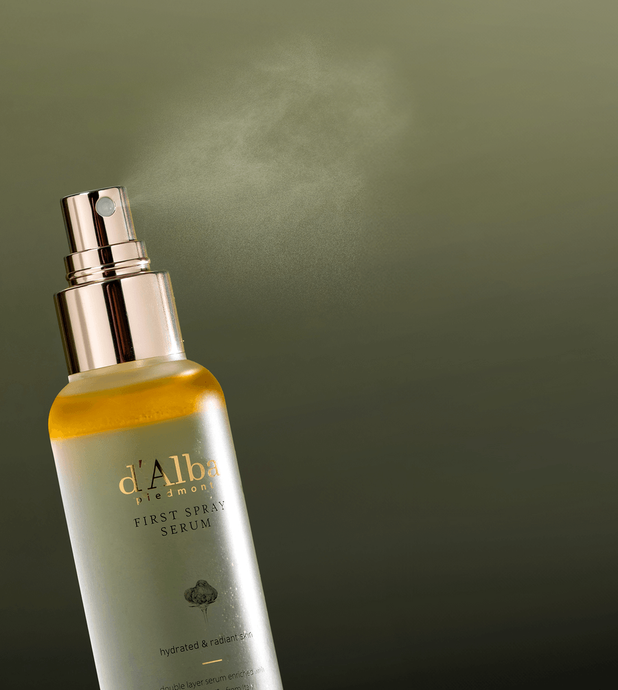 d'Alba White Truffle First Spray Serum in a sleek bottle with mist spray for hydration and radiance.