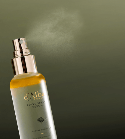 d'Alba White Truffle First Spray Serum in a sleek bottle with mist spray for hydration and radiance.