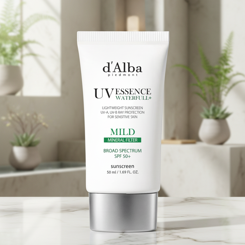d'Alba White Truffle Waterfull Mild Sunscreen SPF 50 tube for sensitive skin with strong UV protection