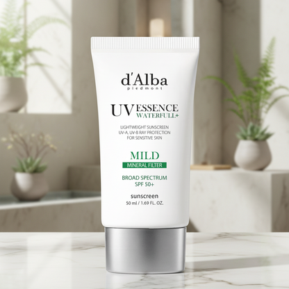 d'Alba White Truffle Waterfull Mild Sunscreen SPF 50 tube for sensitive skin with strong UV protection