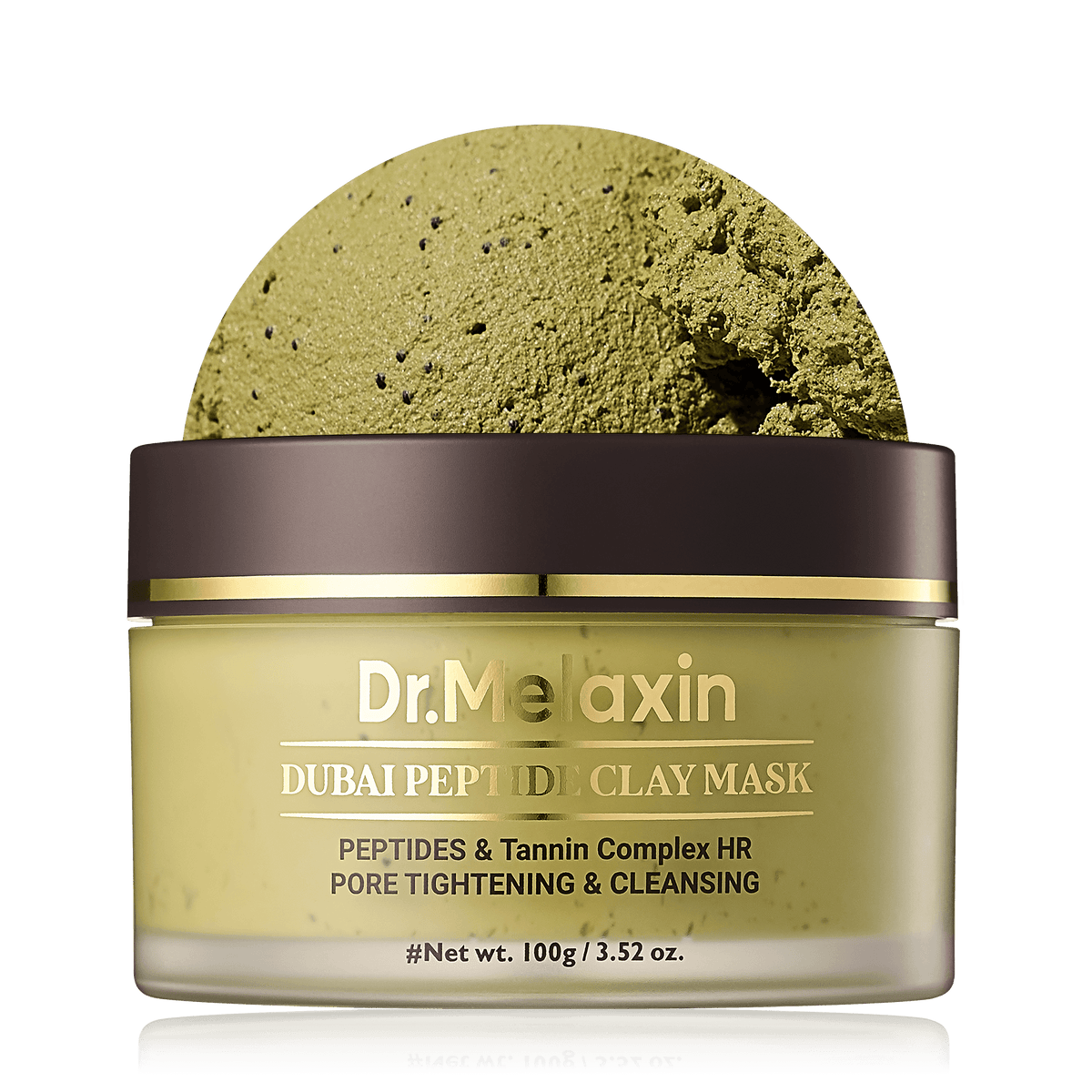 Dr Melaxin Dubai Peptide Clay Mask in a jar featuring a color-changing clay texture for purifying and tightening pores.