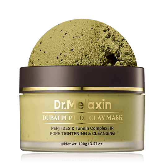 Dr Melaxin Dubai Peptide Clay Mask in a jar featuring a color-changing clay texture for purifying and tightening pores.