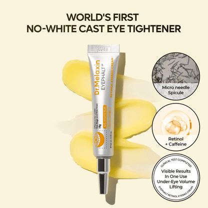 Dr. Melaxin Eyephalt Retinal Eyebag Cream tube with no-white cast formula for brightening and lifting under-eye bags.