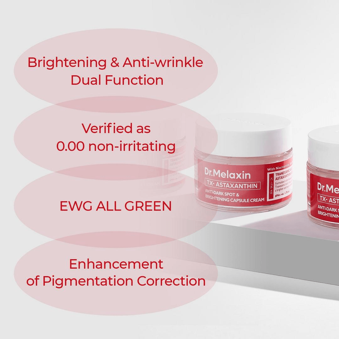 Dr Melaxin TX-Astaxanthin Anti-Dark Spot and Brightening Capsule Cream promoting brightening and anti-wrinkle benefits.