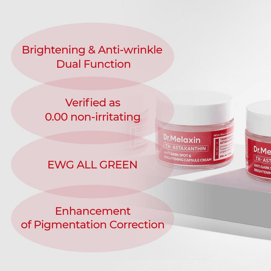Dr Melaxin TX-Astaxanthin Anti-Dark Spot and Brightening Capsule Cream promoting brightening and anti-wrinkle benefits.