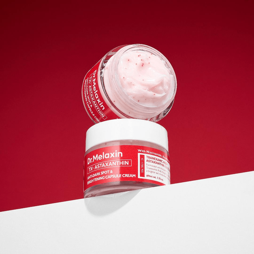 Dr Melaxin TX-Astaxanthin Anti-Dark Spot and Brightening Capsule Cream on a red background.