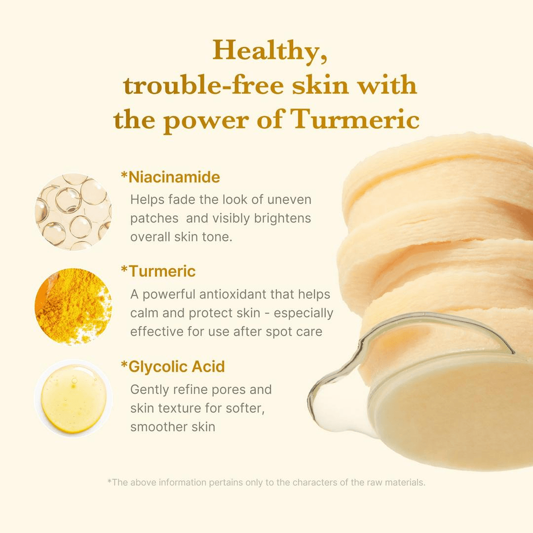 Healthy, trouble-free skin benefits of Medicube Kojic Acid Tumeric Toner Pad with Niacinamide, Turmeric, and Glycolic Acid.