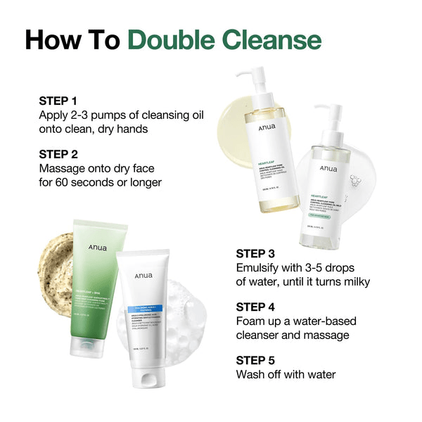 How to double cleanse using Anua Heartleaf Pore Control Cleansing Oil and other Anua products in five easy steps.