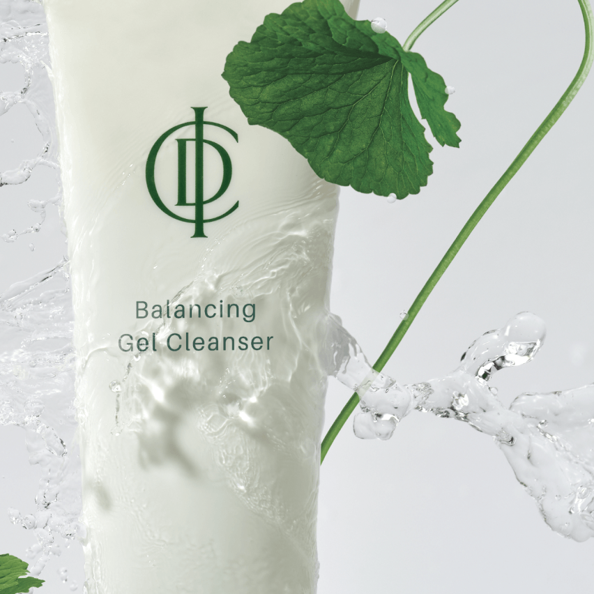 RIMAN ICD Balancing Gel Cleanser with splashes of water and green leaves, promoting hydrated and balanced skin.