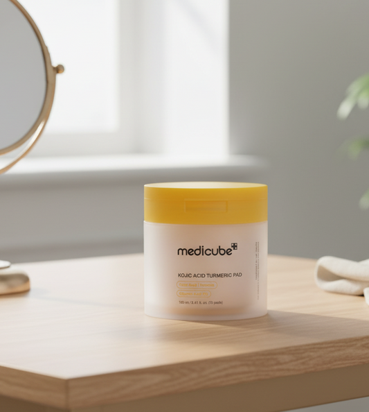 Medicube Kojic Acid Turmeric Pad packaging with yellow lid on a white background
