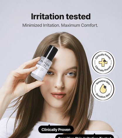 COSRX PEPTIDE-132 Ultra Perfect Hair Bonding Oil Serum with irritation tested label and model showing the product.