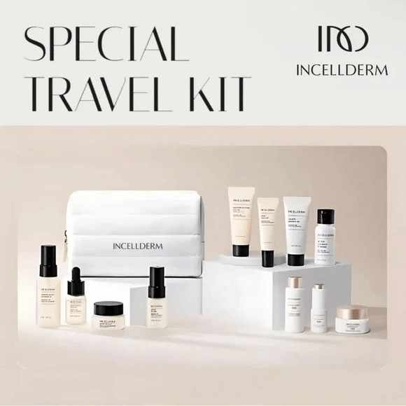 Riman Incellderm Ultimate Travel Kit includes travel-sized skincare products and a stylish cosmetic pouch.