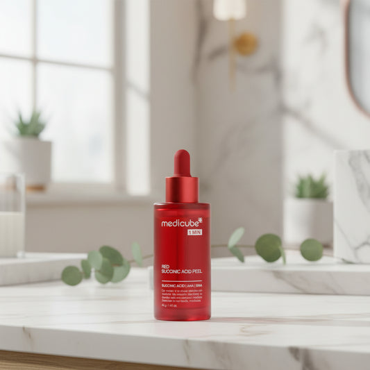 Medicube 21% Red Succinic Acid Cleansing Booster Serum on a marble countertop.