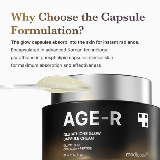 Medicube AGE-R Glutathione Glow Capsule Cream showcasing the capsule formulation for radiant skin.