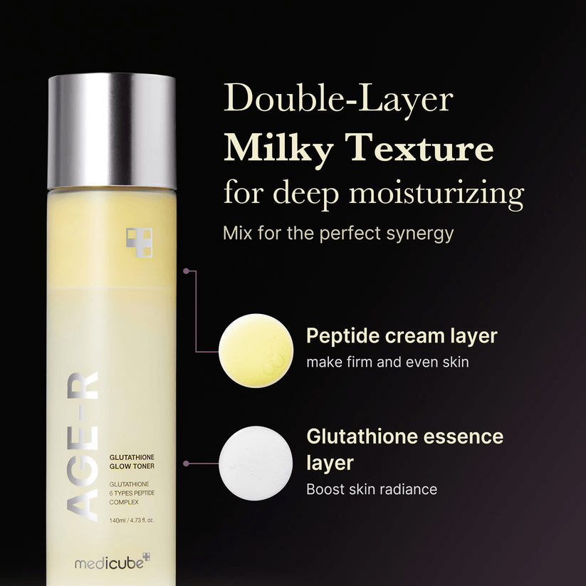 Medicube AGE-R Glutathione Glow Milk Toner features double-layer milky texture for deep moisturizing.